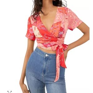 Free People Ashley Pink and Red Floral wrap crop Tie-Front Blouse